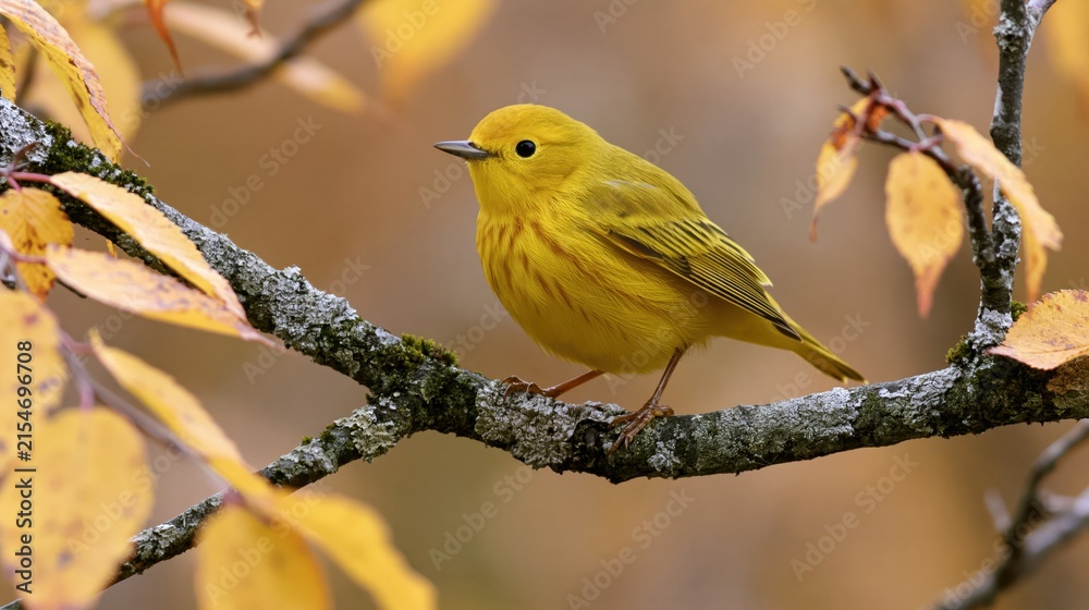 Obraz premium The Yellow Warbler Perched on a Mossy Autumn Branch in Forest Light