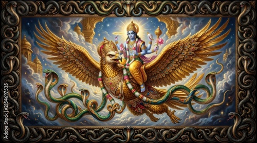 Winged Hindu Deity Riding Mythical Bird in Ornate Celestial Illustration
