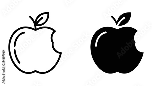 Bitten apple fruit icon set in clean outline and solid black minimalist vector style