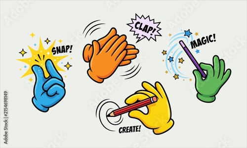 Pop art comic hands making snap clap magic wand and create gestures