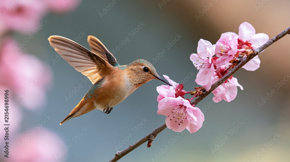 Fototapeta premium The Hummingbird Hovering at Pink Blossoms on a Thin Branch