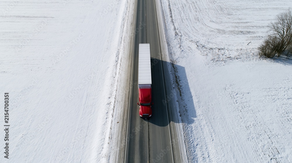 Obraz premium The Red Truck with Trailer on Snowy Rural Highway Aerial Perspective