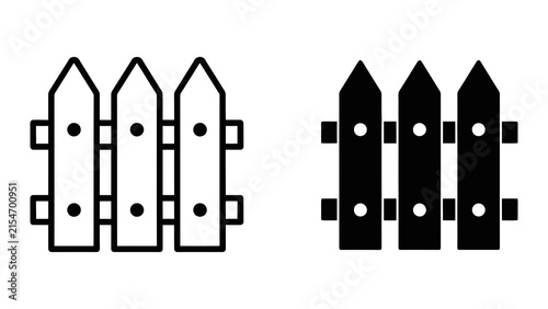 Wooden picket fence vector icons isolated on white background in outline and solid styles