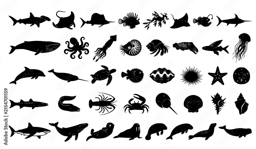 Fototapeta premium Premium Ocean Animals Fish and Marine Life Mega Silhouette Set