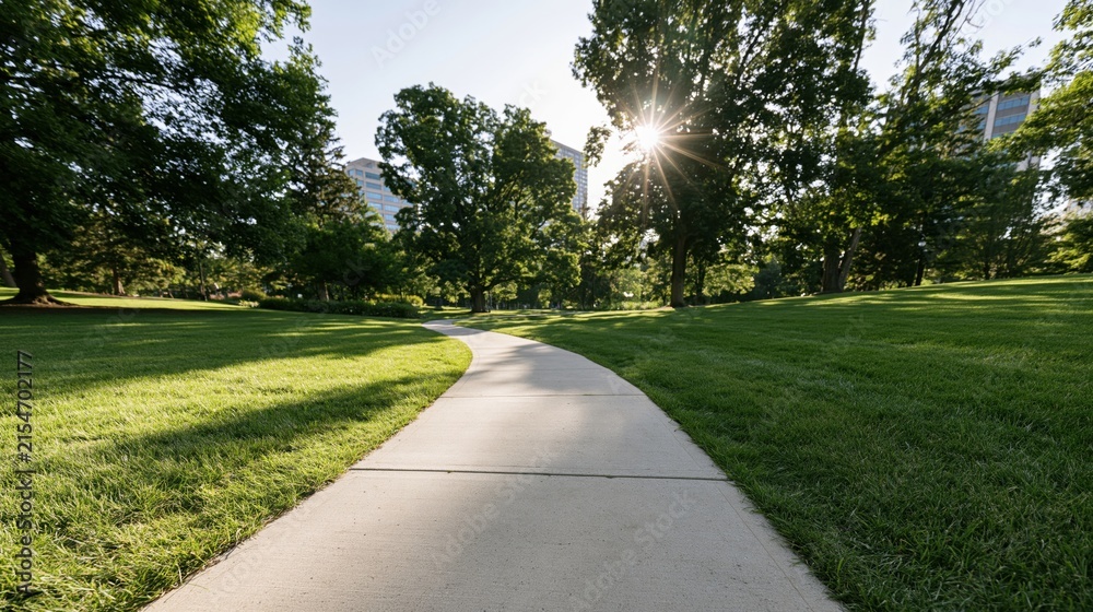 Obraz premium The Sunlit Concrete Path Through a Lush Park at Dawn