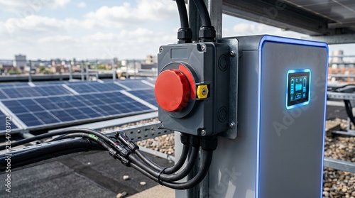 Solar DC isolator switch and battery storage unit on a rooftop solar power installation.