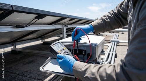 Electrician testing solar inverter voltage with multimeter on rooftop solar panel system.