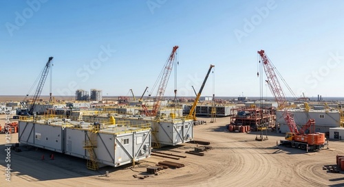 Industrial oilfield fabrication yard with large cranes and modular structures under construction