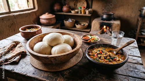 Rustic African kitchen scene with traditional food preparation and ingredients beautifully arranged on a wooden table, showcasing cultural culinary heritage