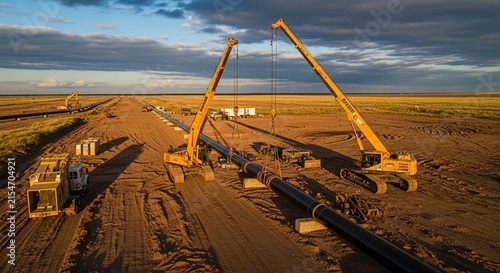 Large-scale pipeline installation project underway with cranes lifting sections in an industrial outdoor setting