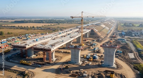 Massive elevated highway bridge under construction with cranes and heavy machinery, showcasing infrastructure development