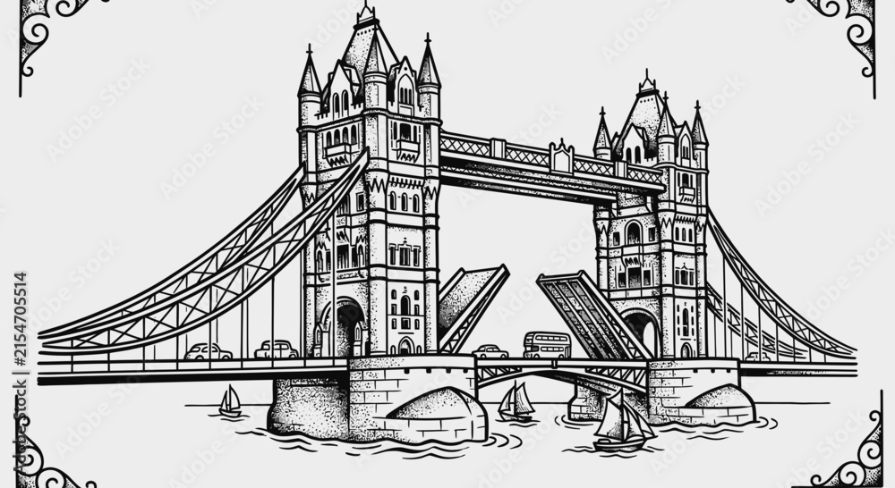 Obraz premium London Tower Bridge black and white tattoo style illustration featuring bold architectural lines, suspension cables, and traditional travel flash art on a white background with borders.