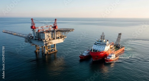 Massive offshore energy platform with support vessels in the vast ocean during daytime