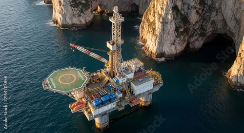 Massive offshore oil drilling platform operating in deep ocean waters near rocky cliffs