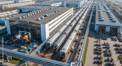 Modern heavy railway vehicles undergoing manufacturing and assembly at a large industrial factory