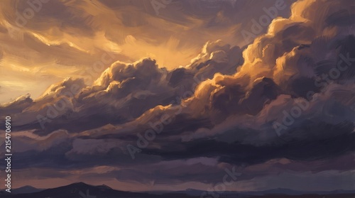 Фотография Dramatic storm clouds catching warm sunset light with rich golden and amber tone