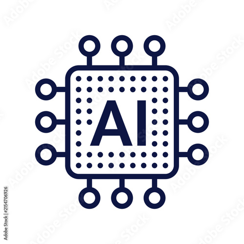 Dark blue minimalist artificial intelligence microchip processor icon with a dotted interior grid and circular connection pins vector illustration isolated on white background tech design