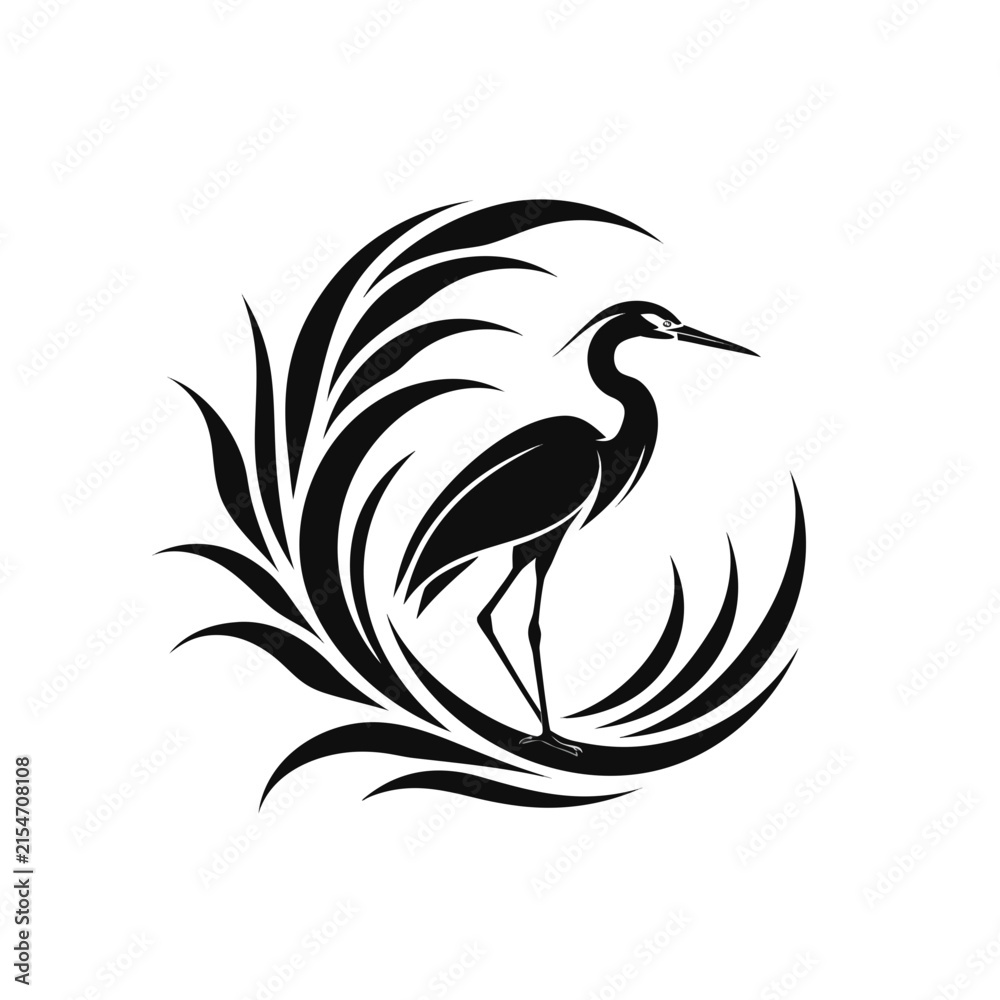 Fototapeta premium Minimalist heron among abstract decorative foliage with wildlife waterfowl illustration stylized