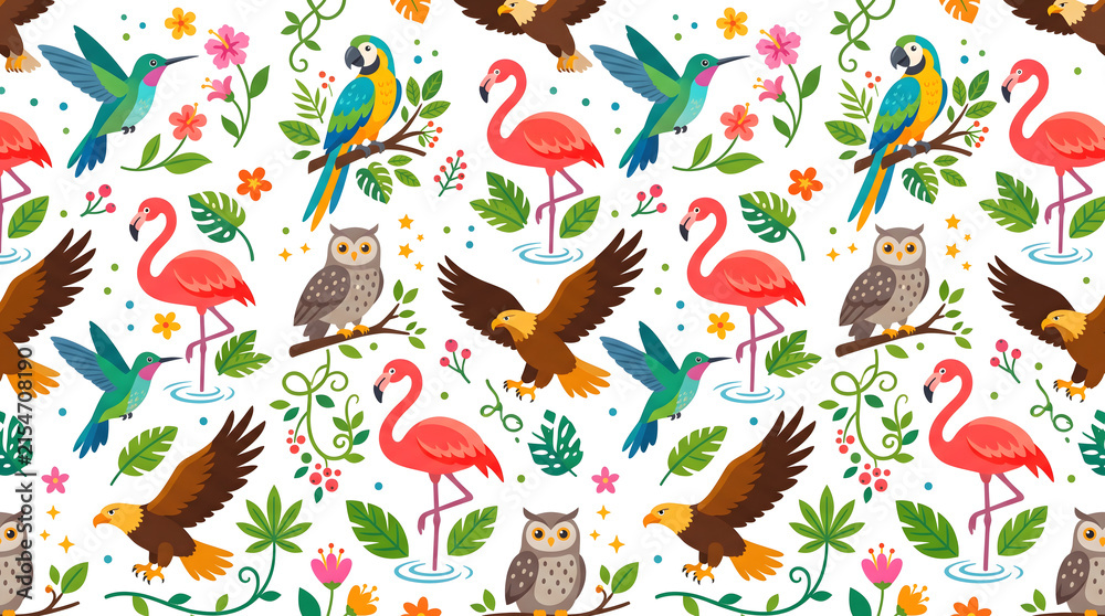 Obraz premium Colorful Tropical Bird Seamless Pattern with Flamingos, Parrots, Hummingbirds, Owls and Eagles