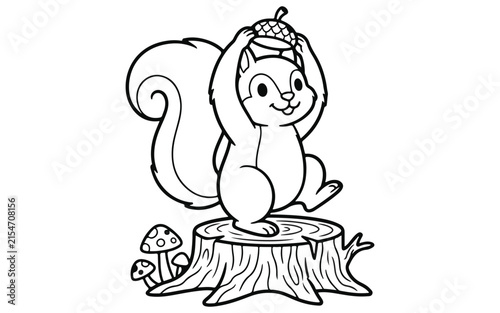 Cute cartoon squirrel holding an acorn on a tree stump for a fun kids coloring page activity
