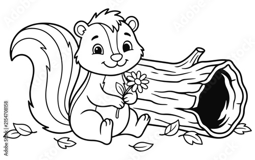 Cute cartoon squirrel holding a flower by a hollow log for a fun kids coloring page activity