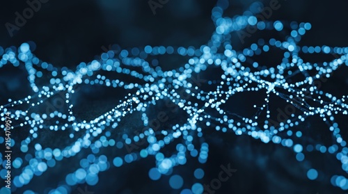 Blue bokeh abstract lights network with glowing data points on dark background