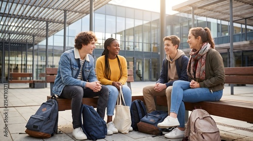 Group of diverse teenage high school students sitting on bench talking and laughing together outdoors on modern campus, back to school friendship photo.