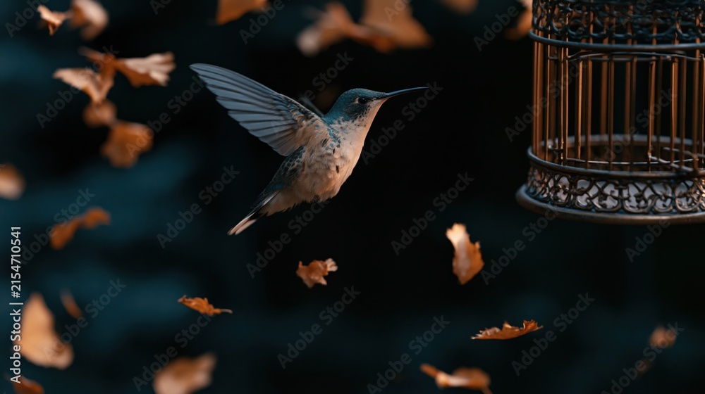 Obraz premium The Hummingbird in Flight Among Floating Leaves and an Ornate Cage