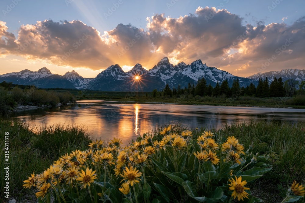 Obraz premium The Alpine Mountains at Sunset Over Golden River and Blooming Wildflowers