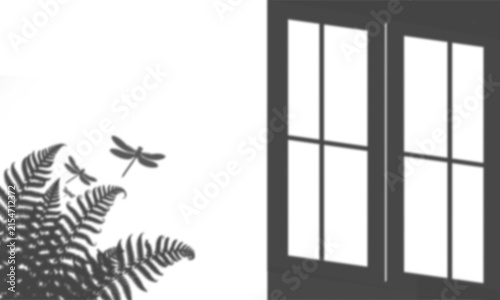 Shadow of a fern plant and dragonflies on a wall next to a window frame isolated on transparent background