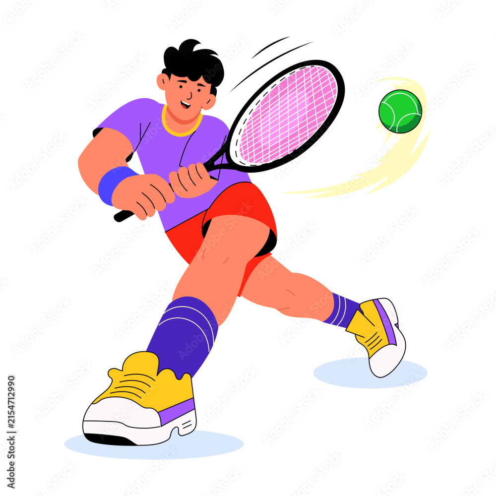 Obraz premium A tennis player runs into a backhand return with the racket drawn across the body, tracking a green ball while curved motion lines show speed and direction.