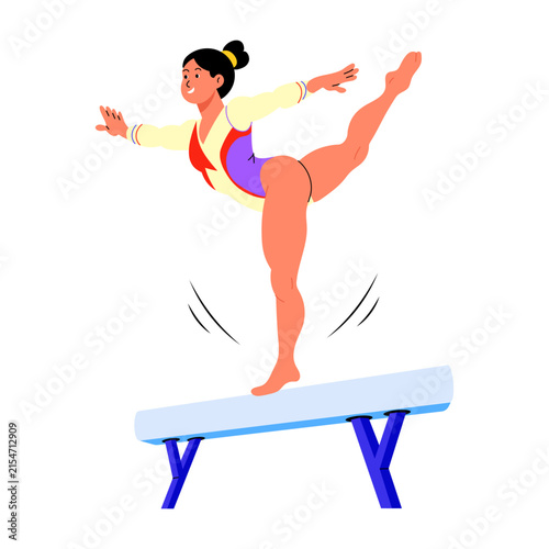 A female gymnast performs a poised balance move on a narrow beam, standing on one leg with arms extended and the other leg lifted gracefully behind.