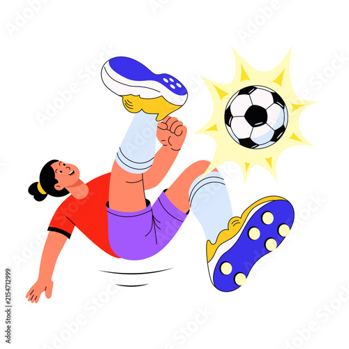 A soccer player performs an overhead bicycle kick with both feet lifted toward the ball, shown in midair with impact marks and dramatic athletic motion.
