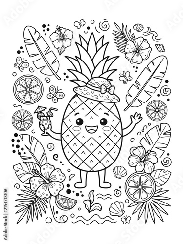 Cute Pineapple Character Coloring Page with Tropical Flowers and Leaves Vector Illustration