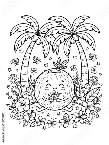 Cute Coconut Character Coloring Page with Tropical Palm Trees and Exotic Flowers