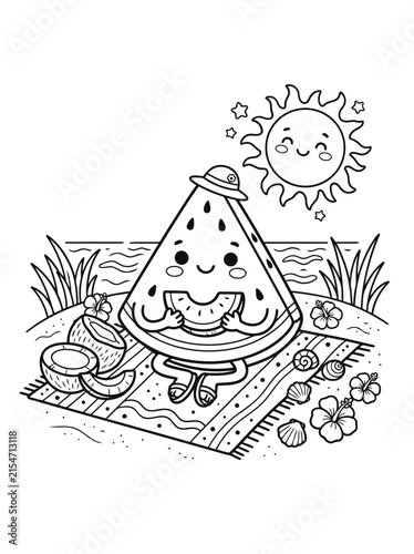 Cute Watermelon Character Coloring Page for Kids Summer Beach Illustration