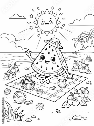 Cute Watermelon Character Coloring Page for Kids on Tropical Beach Vacation