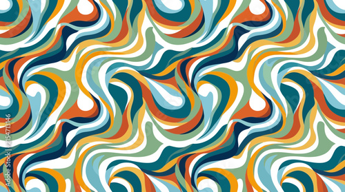 A vibrant abstract pattern features flowing colorful wavy lines