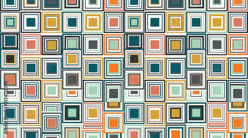 A vibrant geometric pattern features many colorful square shapes