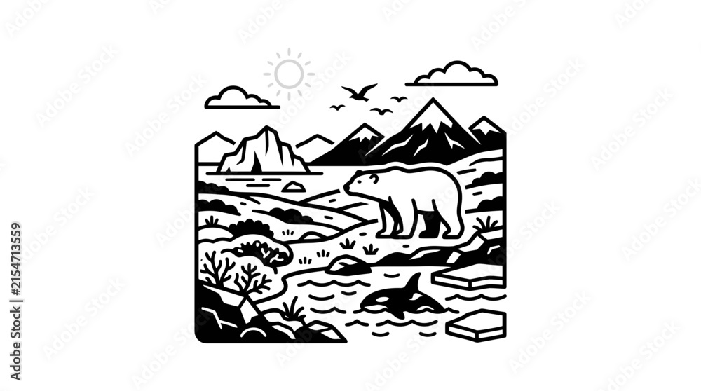 Naklejka premium Polar bear walking in mountain and sea landscape.