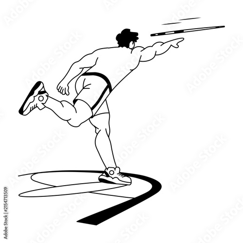 A field athlete drives forward while throwing a javelin overhead, with one leg extended behind and trailing motion marks emphasizing strength and release.