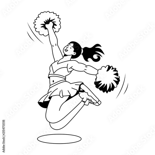 A cheerleader jumps high while holding colorful pom-poms, bending the legs and spreading the arms in an energetic routine with lively motion accents.