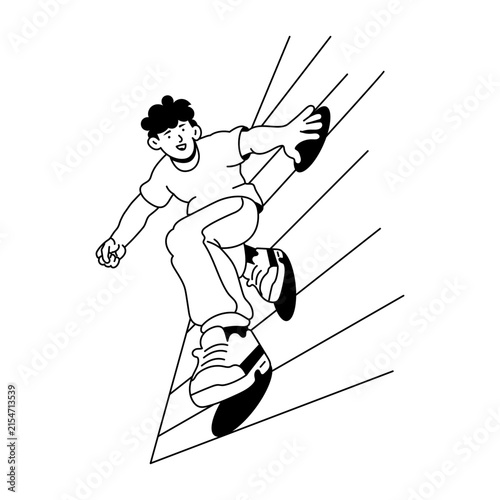 A parkour athlete drops down a wall or ledge with bent legs and arms extended, using a controlled landing posture with diagonal motion lines behind.