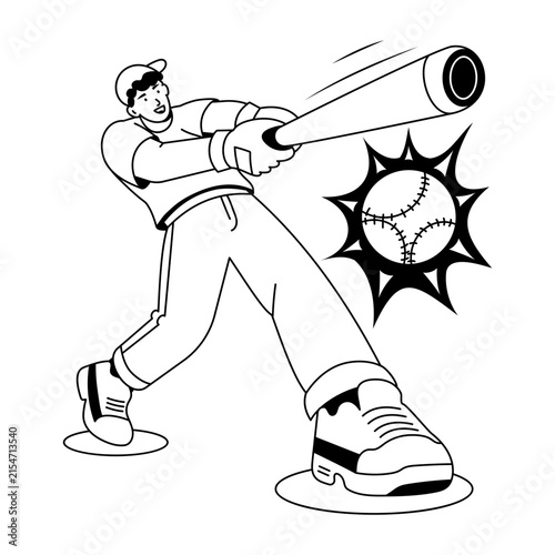 A baseball batter swings a red bat through the ball with a full-body rotation, shown at the instant of impact with strong speed lines and a bright burst.