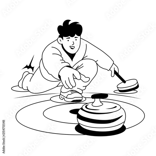 A curling player kneels on the ice and guides a stone forward while holding a broom, shown over colorful target rings in a focused winter sports scene.