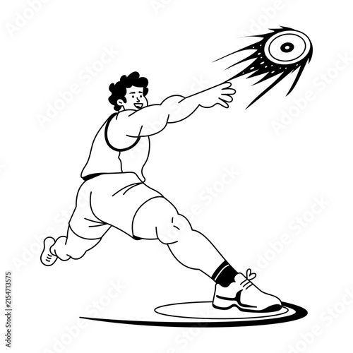An athlete steps forward while extending one arm with a discus, captured during the throwing motion with a wide stance and simple directional action marks.