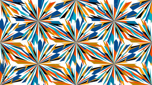 A vibrant geometric pattern features sharp colorful star shapes
