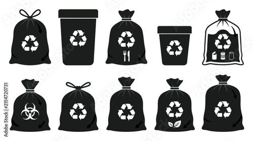 Recycling Trash Bag and Bin Icon Set