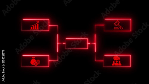 Glowing Neon man Tech Flowchart Bracket Animation Neon Graphic Diagram Animation Showing Concept with Business Icons Organization Chart Animation with Business Icons.