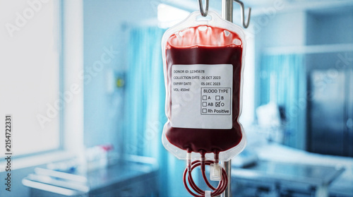 Close up of blood bag with label hanging on IV stand in hospital background